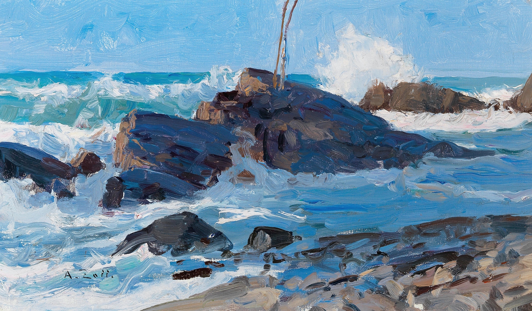 Stormy seas crashing against rocks, oil on canvas by Alfred Zoff