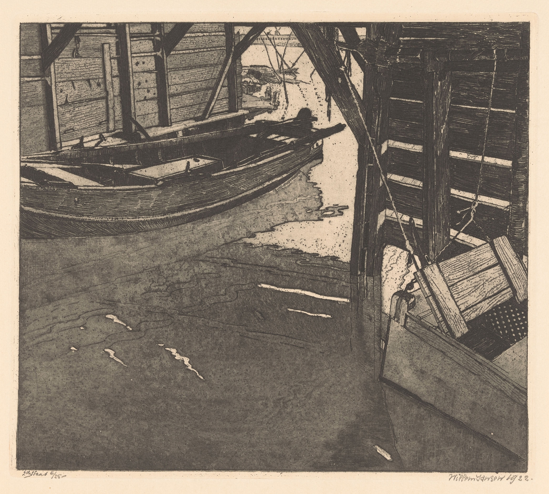 Interior of a boat house with a fish cart and a boat, oil painting by Willem Jansen