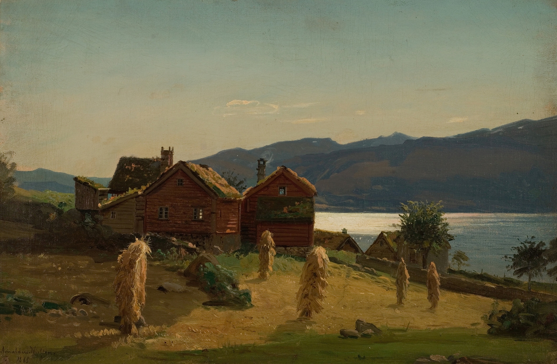 Landscape with misty mountains and trees by Amaldus Nielsen, oil on canvas