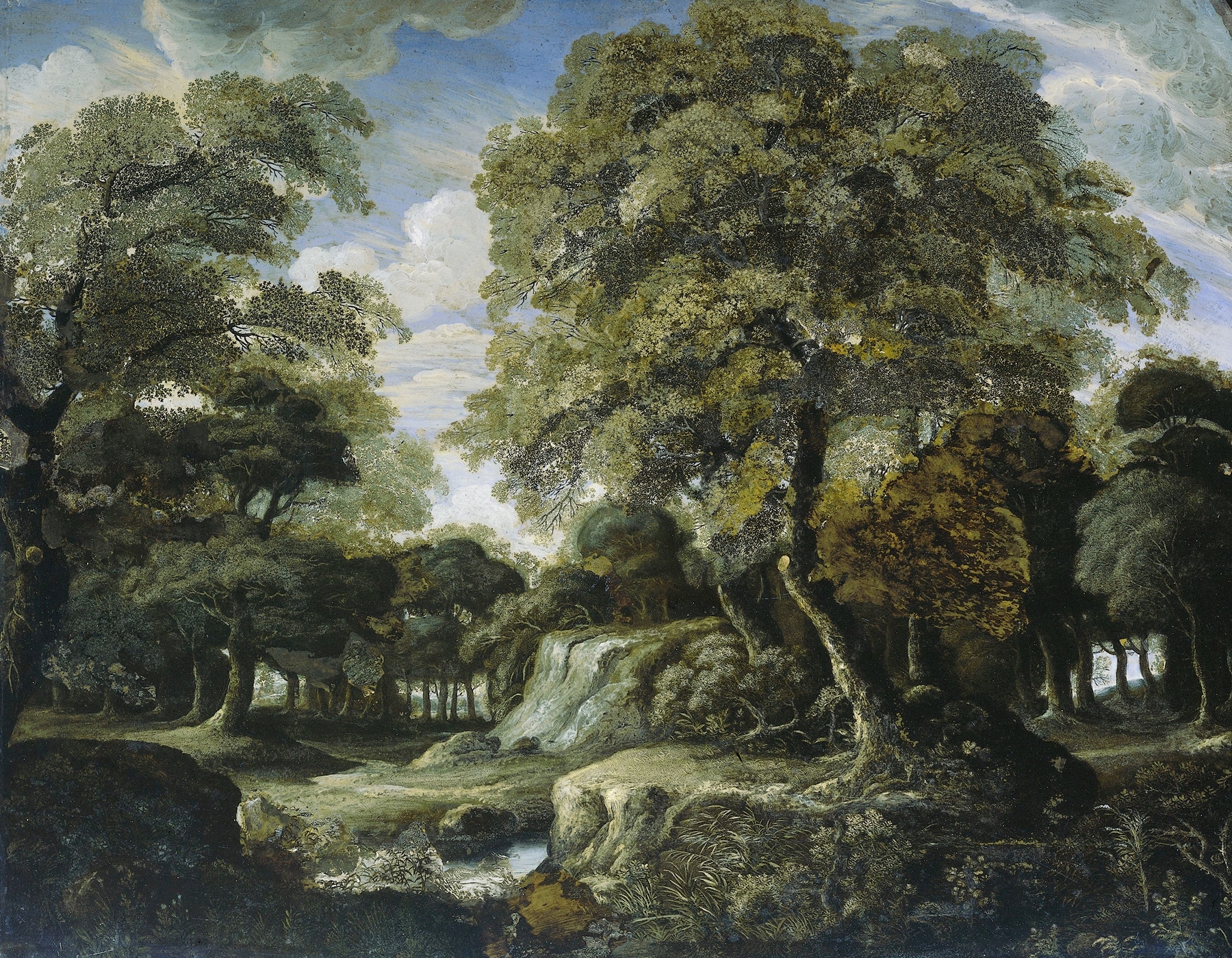 Landscape featuring a forest with trees and dappled light, oil painting by Jan van der Heyden.