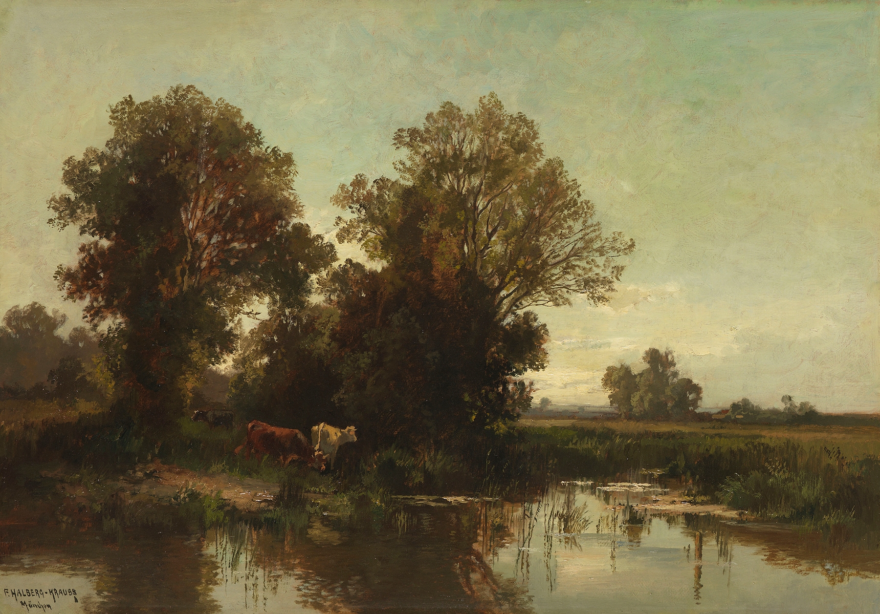 Realism painting by Fritz Halberg-Krauss depicting grazing cows in a landscape
