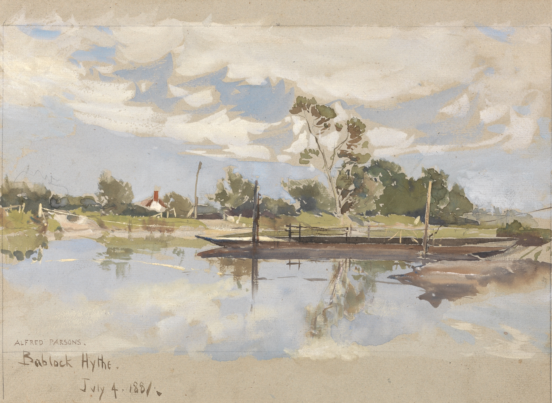 Watercolour by Alfred Parsons depicting willows by a river at Bablock Hythe, Near Oxford