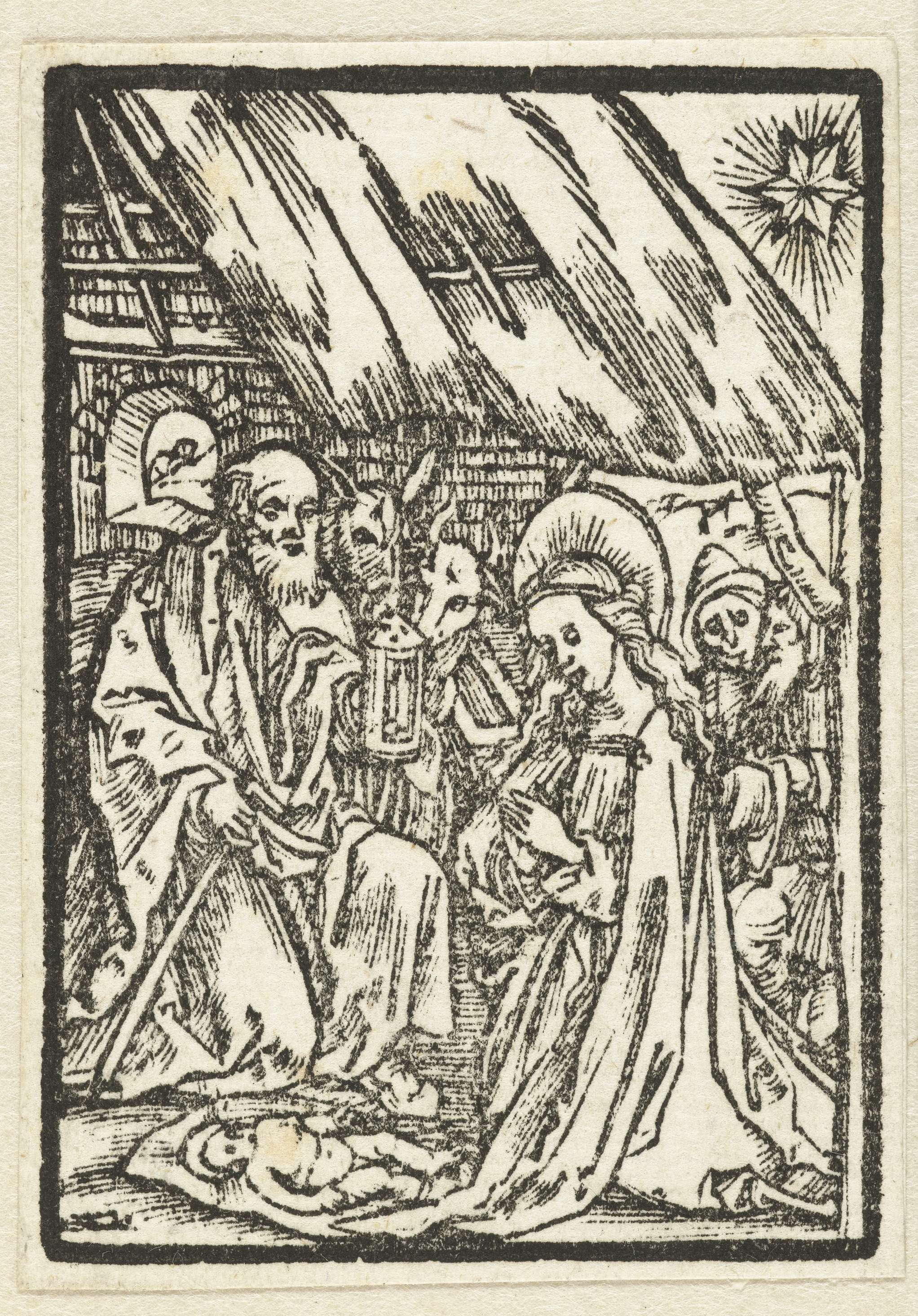 Aanbidding door de herders by Albrecht Dürer, paper artwork depicting the Holy Family in celestial light.