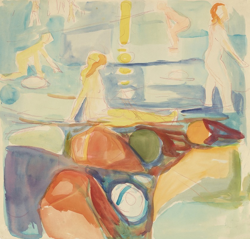 This painting depicts two women bathing in a serene landscape.