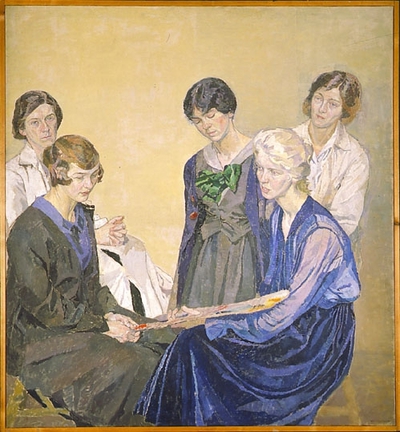 Figurative oil painting by Carl Wilhelmson depicting students at an art school