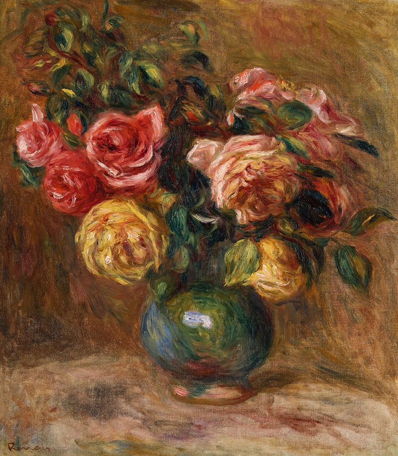 A still life painting featuring roses in a green vase.