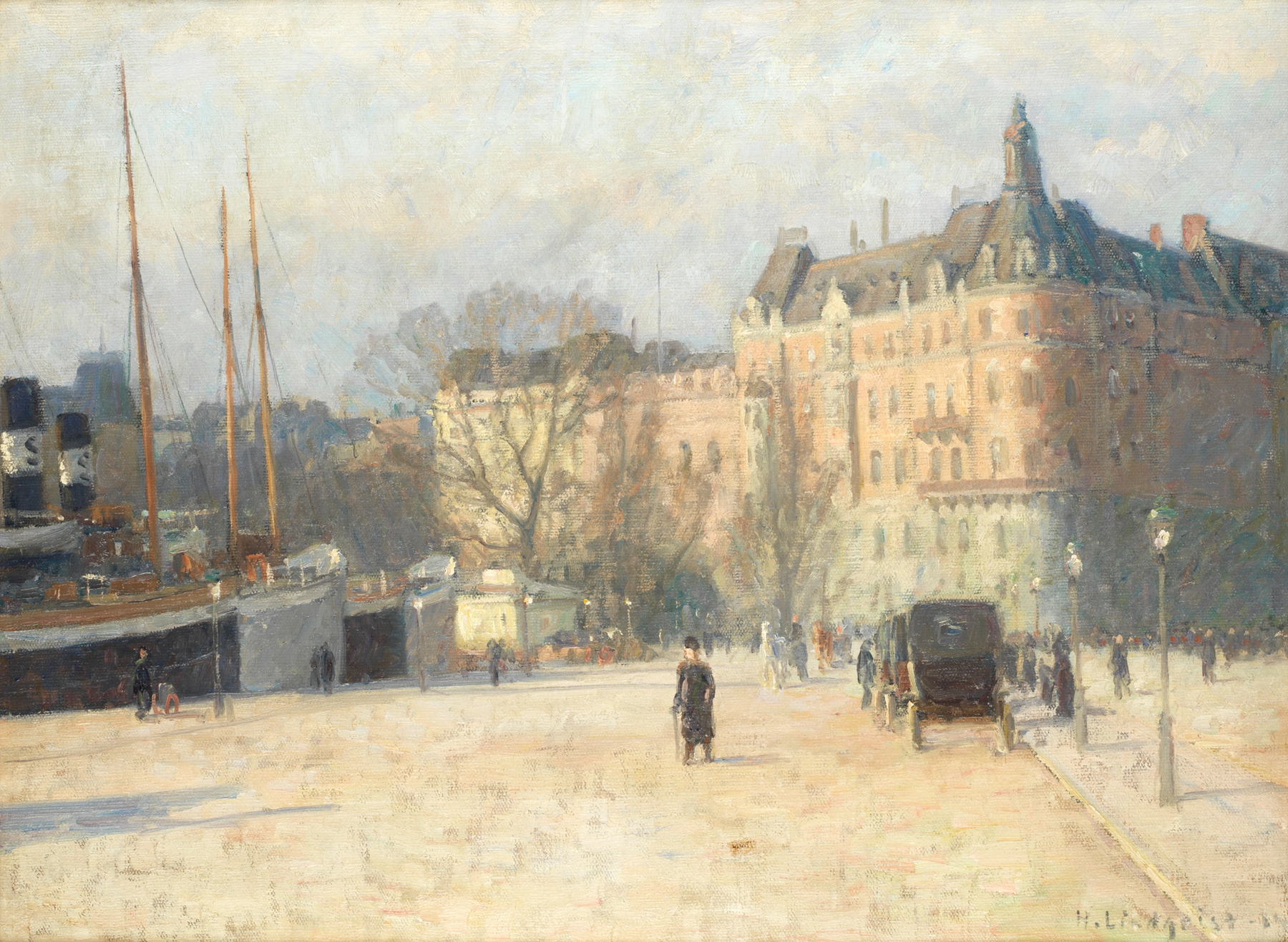 Spring stroll, Nybroplan by Herman Lindqvist, oil on canvas depicting a lively urban park scene.