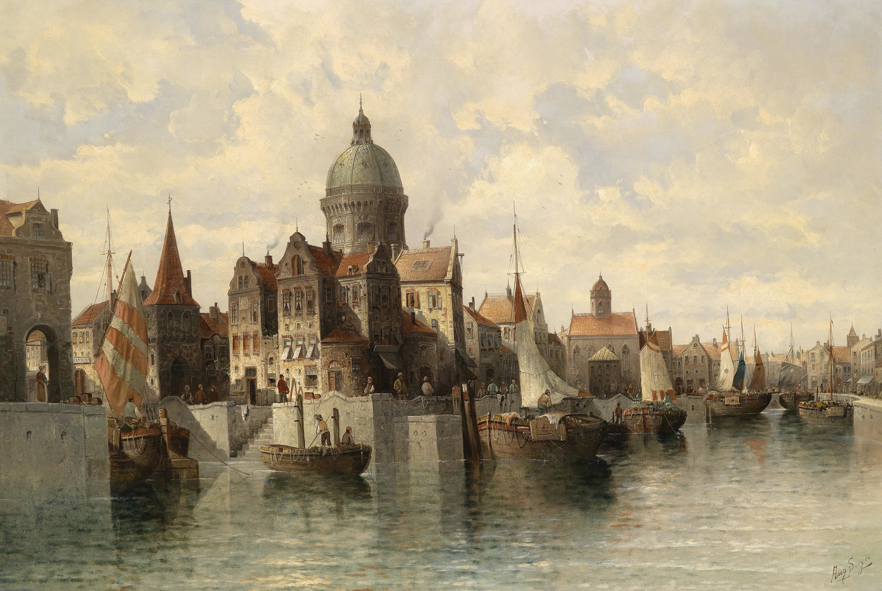 Blick auf Amsterdam by August Von Siegen, landscape with river and architecture, unknown medium