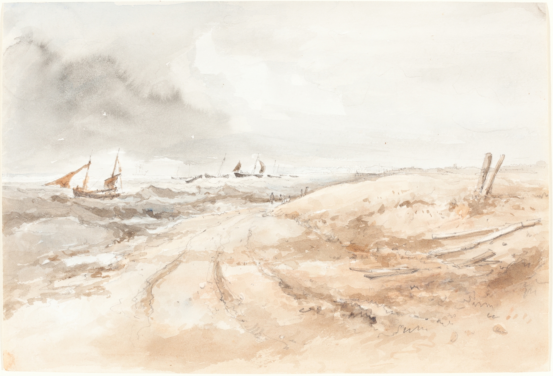 Shore Scene with Boats in Choppy Water, oil on canvas by British 19th Century