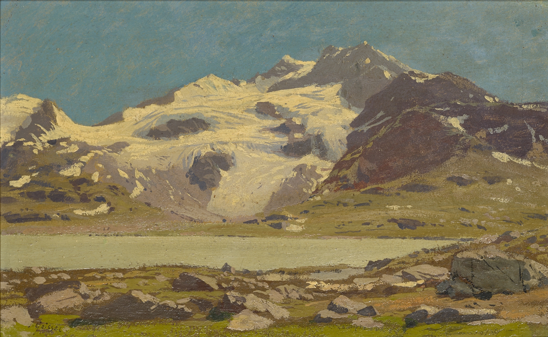Alpine Landscape with Lake by Joseph Geisser, oil painting depicting mountains and a tranquil lake.