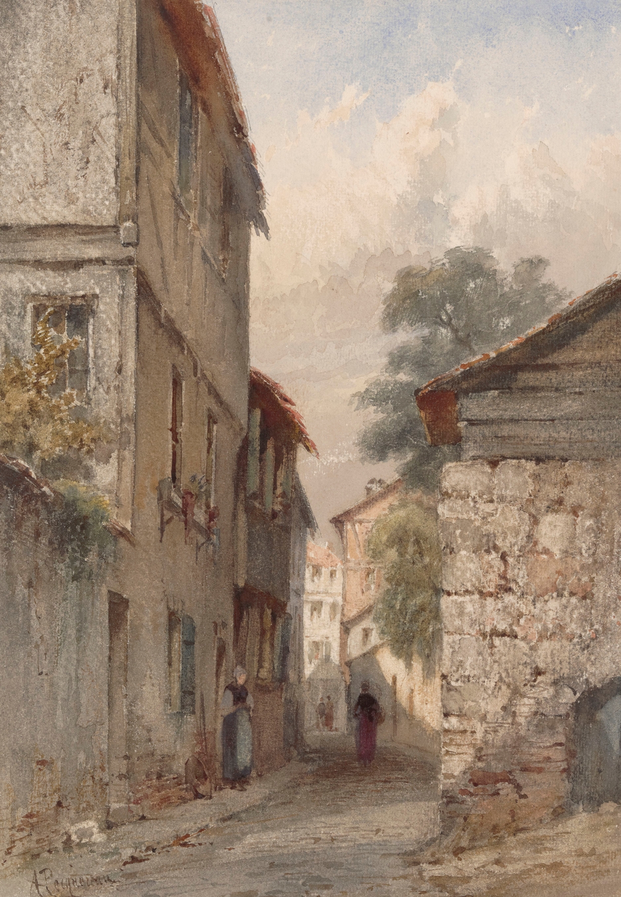Cityscape by Alphonse Pecquereau, oil on canvas depicting an urban landscape with buildings and a gradient sky.