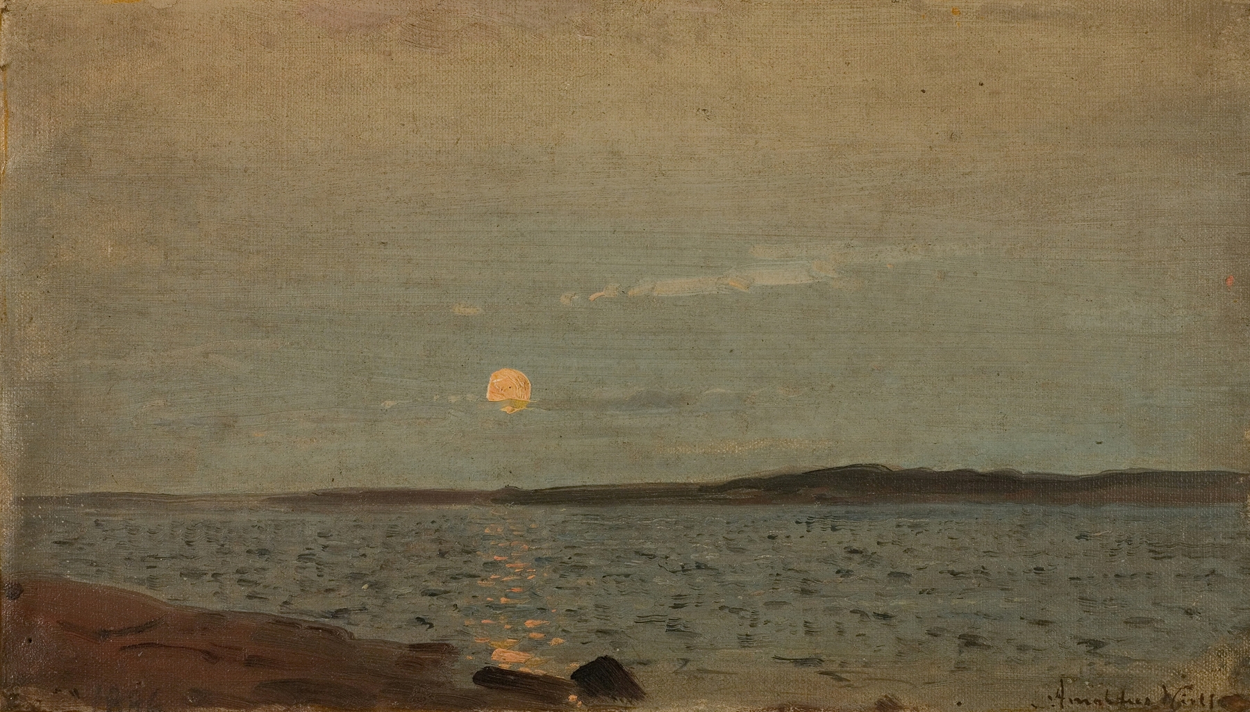 Augustmåne by Amaldus Nielsen, oil painting depicting a serene landscape with moonlight and water.