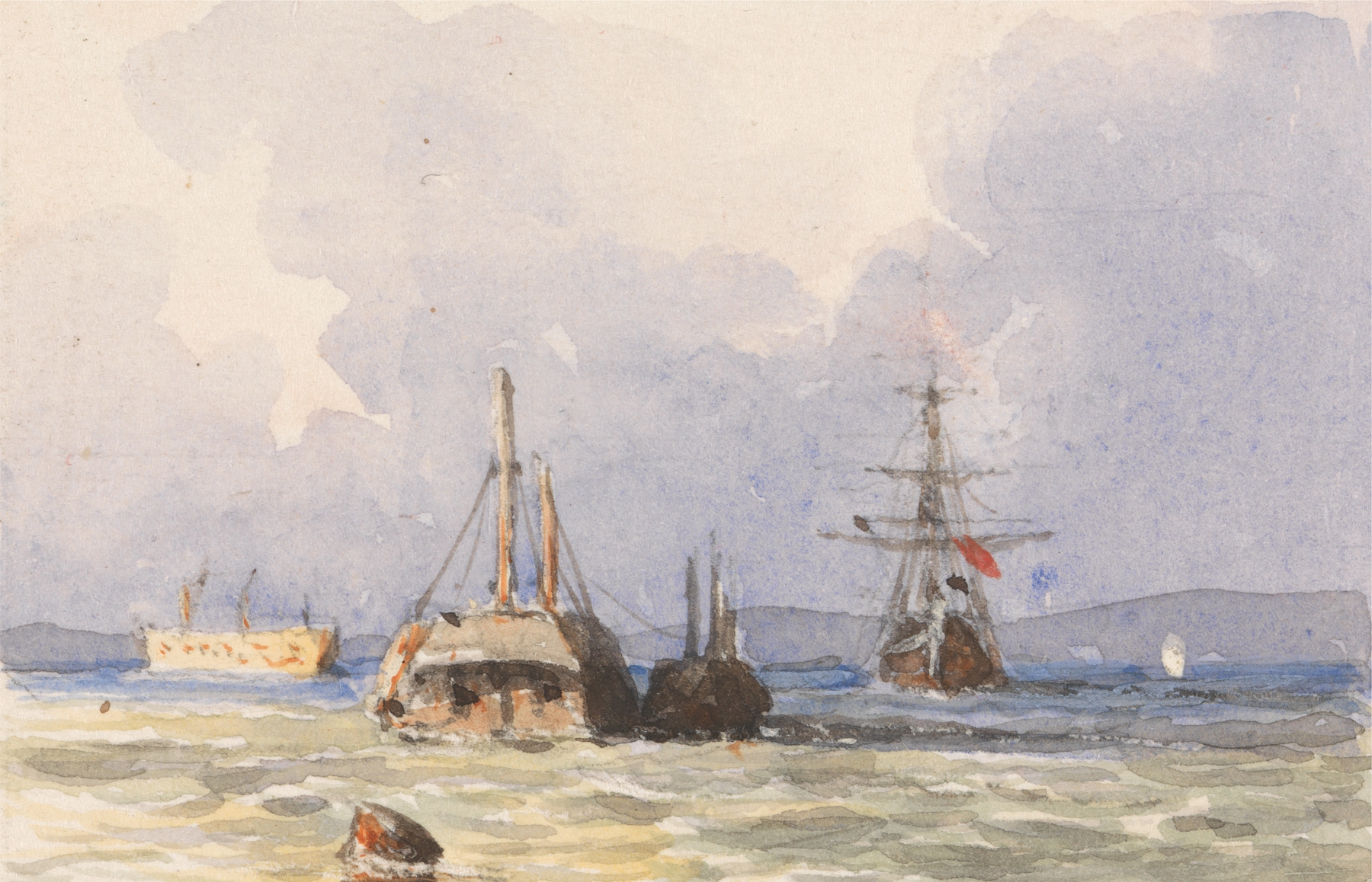 Marine scene depicting ships in harbor, oil painting by George Jackson