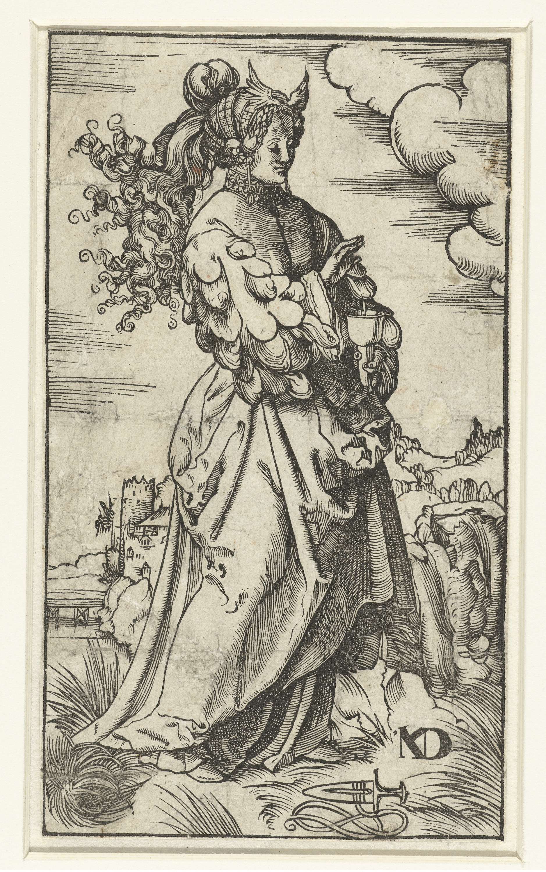 Figurative artwork of a wise maiden with a burning oil lamp, paper by Niklaus Manuel Deutsch
