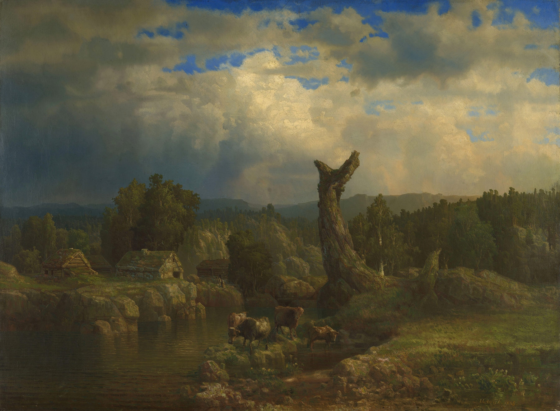 Summer Landscape, Thunder looms by Lars Hertervig, oil on canvas depicting a stormy landscape.