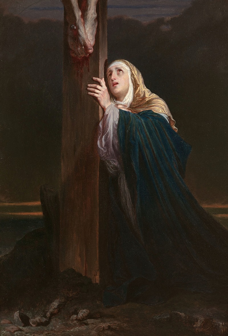 A depiction of the Virgin Mary at the foot of the cross, showcasing emotional depth.