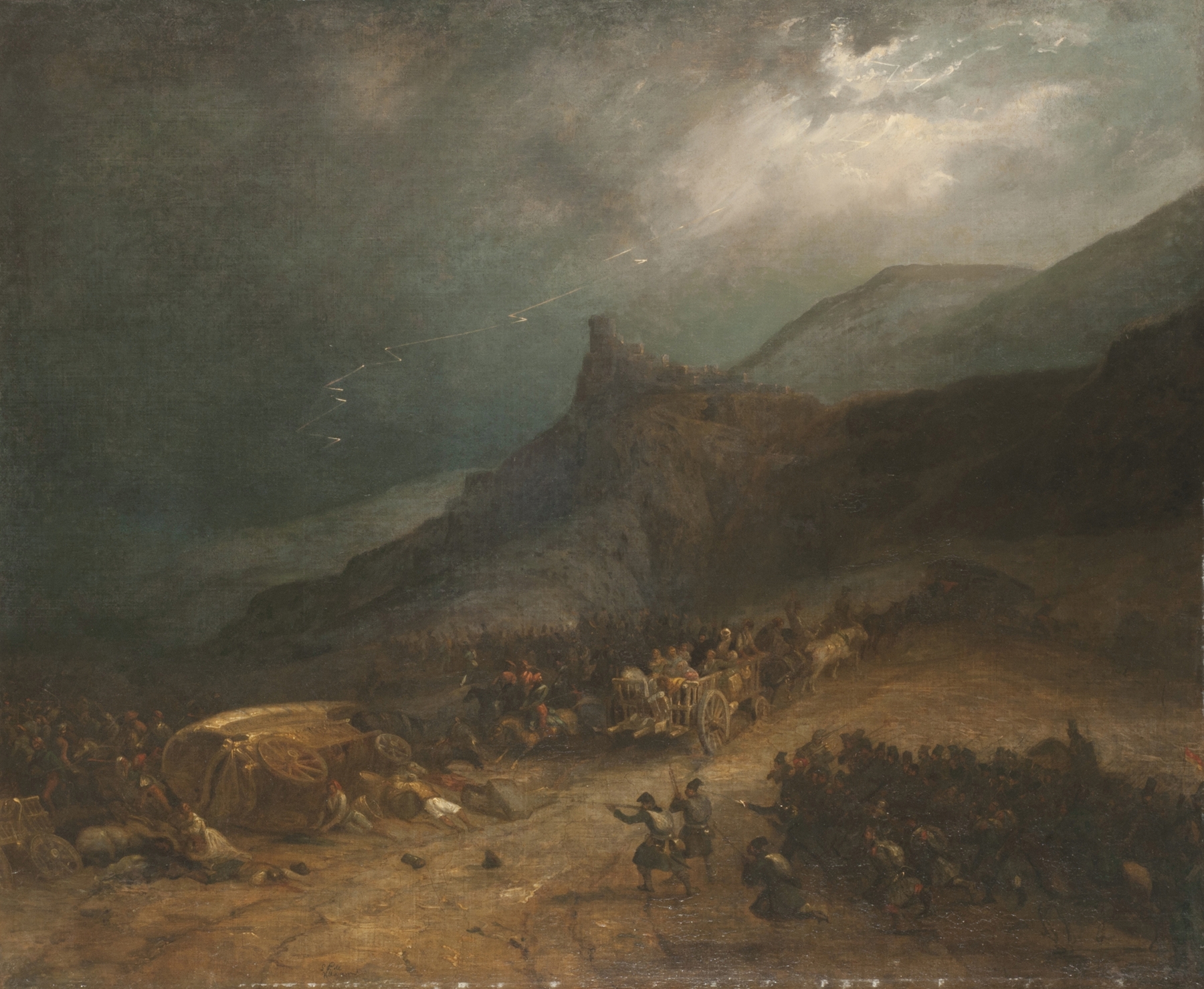Historical battle scene with horsemen clashing, oil painting by Genaro Pérez Villaamil