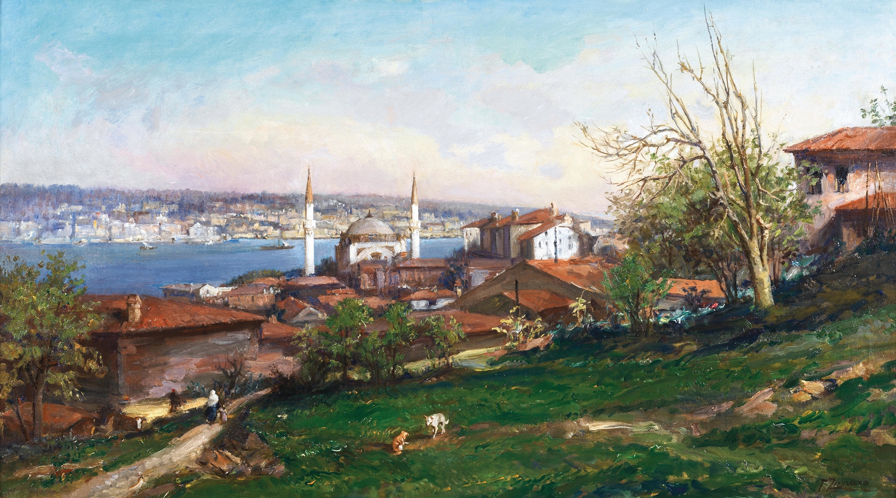 Istanbul landscape with rooftops and streets, oil on canvas by Fausto Zonaro