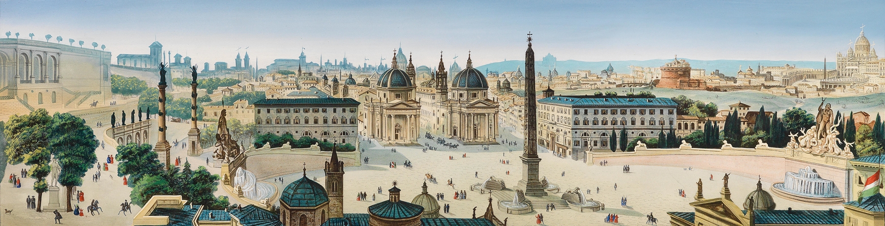 Landscape by Leopoldo Calvi, showcasing a city with soft blues and ochre hues.