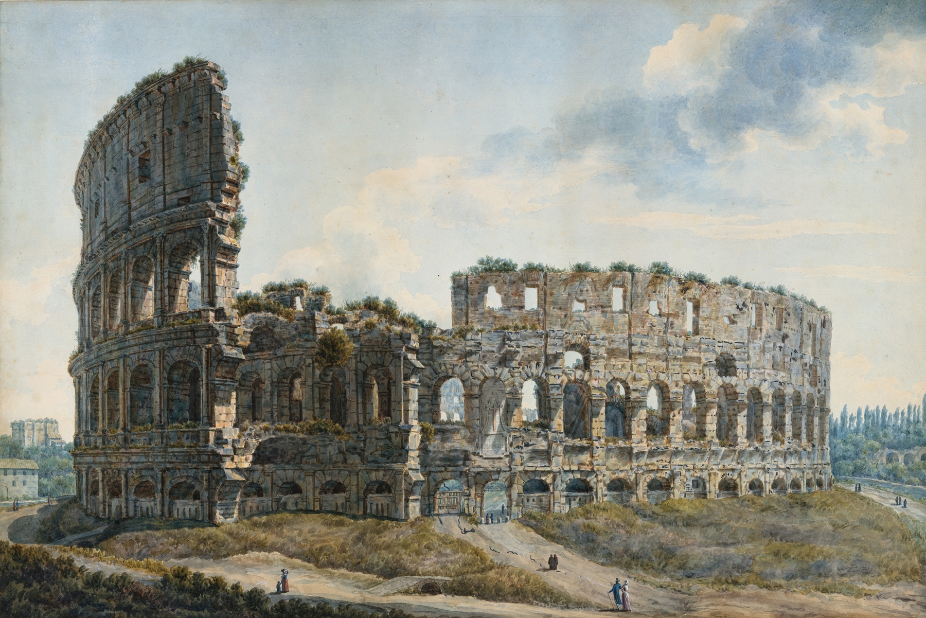 Watercolour by Abraham-Louis-Rodolphe Ducros depicting the Colosseum, Rome with light and shadows