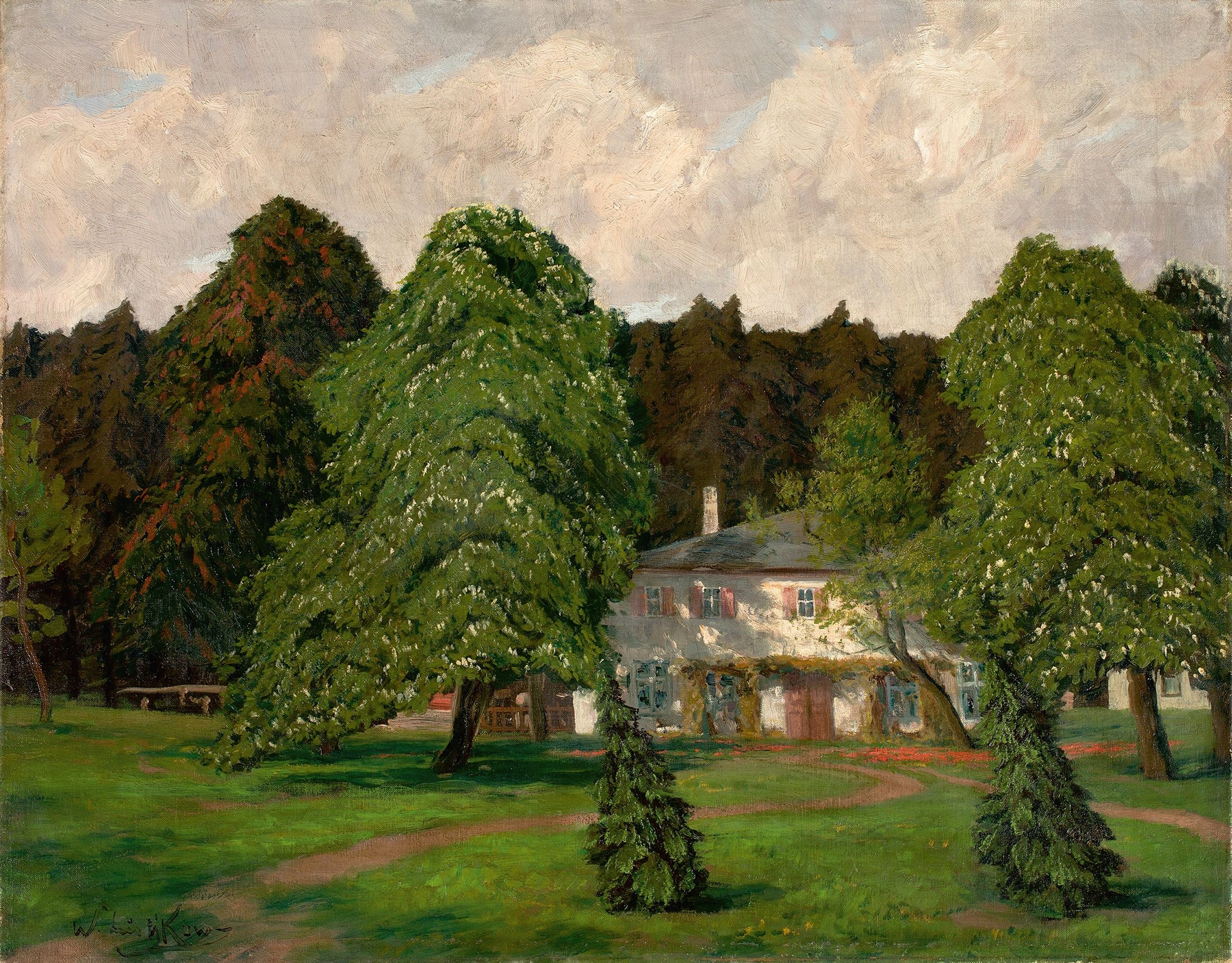 Landscape with a house among flowering chestnut trees, oil painting by Walter Leistikow