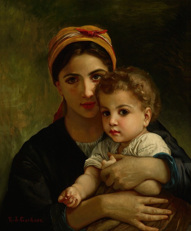 This painting depicts a young girl and a child in a tender moment.