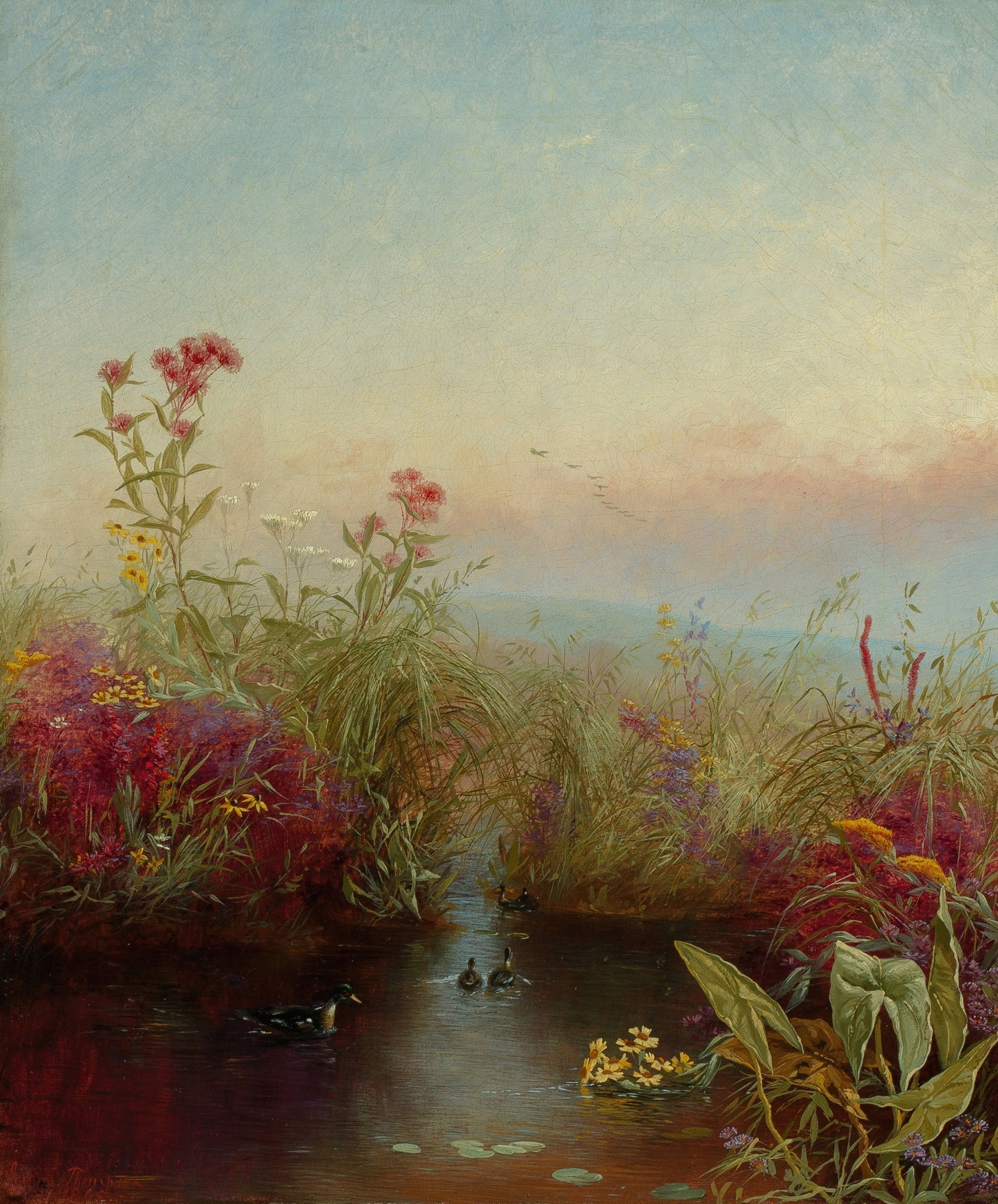 Riverbank in Bloom by Jerome Thompson, oil on canvas, vibrant flowers along a riverbank