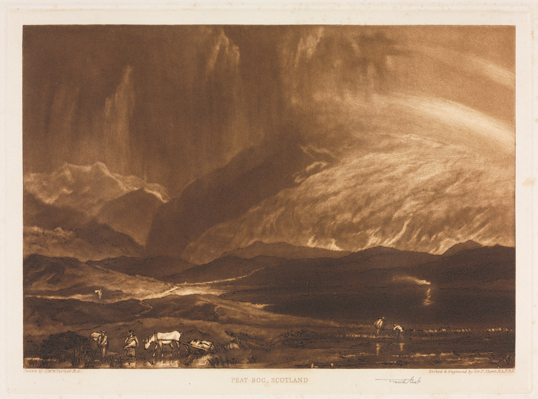 Engraving by Sir Frank Short depicting a peat bog landscape in Scotland