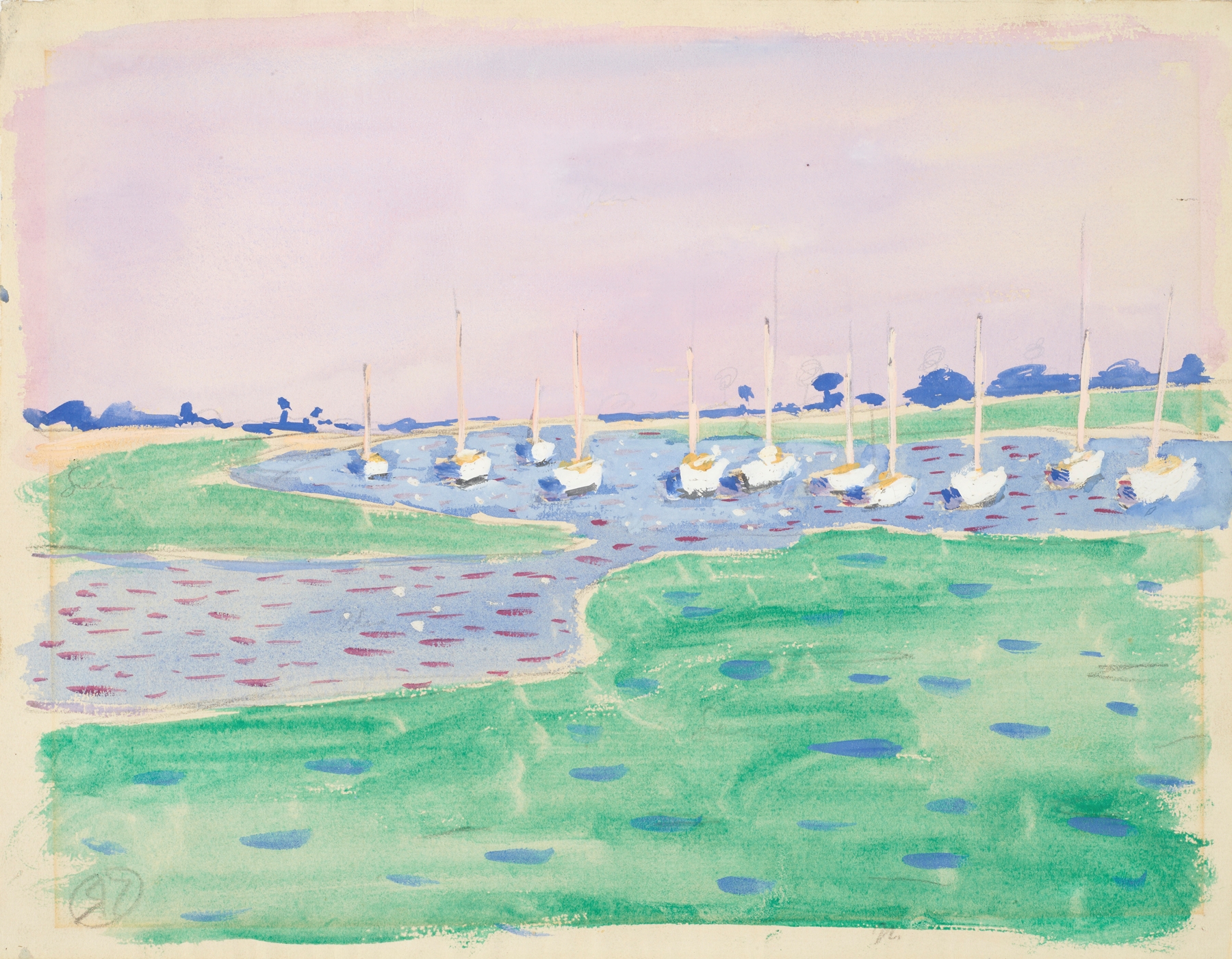 Yachts in Bosham Harbour by Raymond McIntyre, oil on canvas, depicting serene yachts at twilight