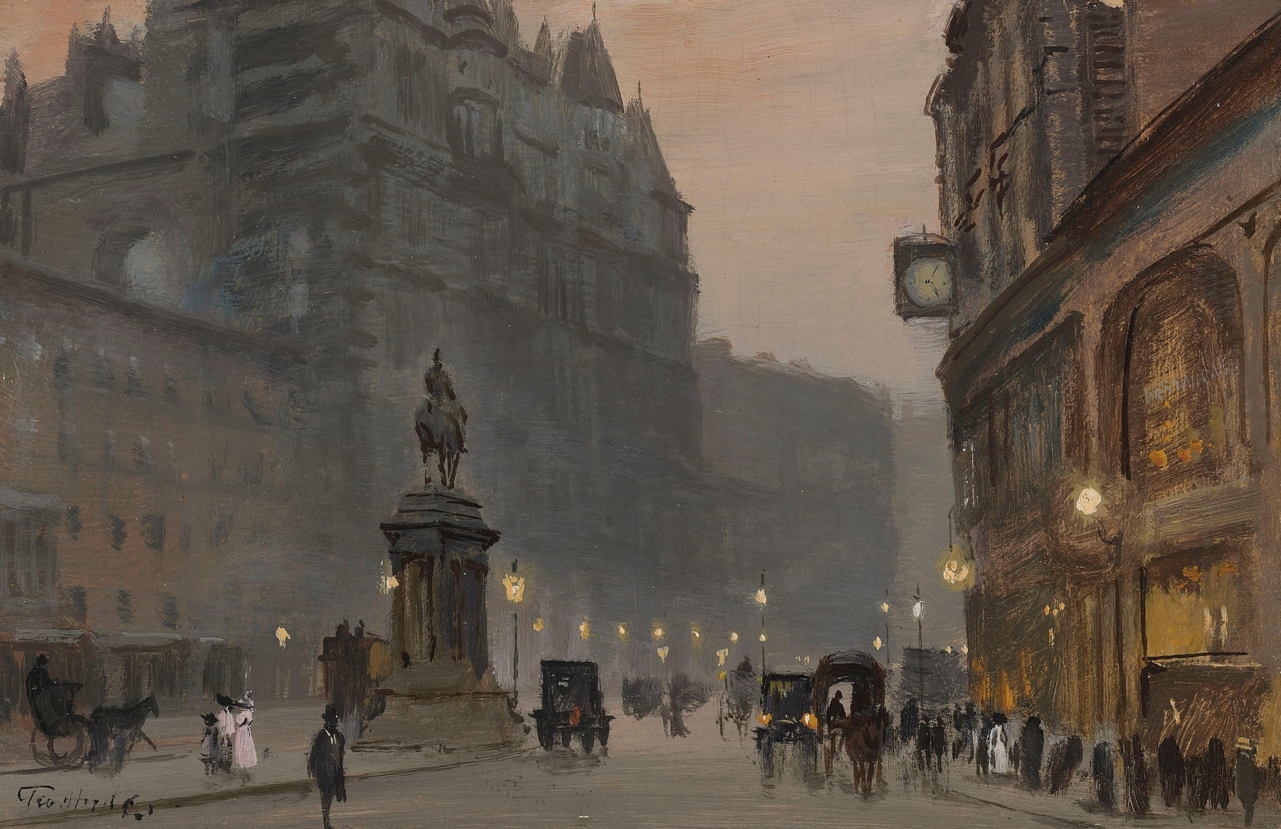 Landscape with a somber figure on a cobblestone street, oil painting by George Hyde Pownall.