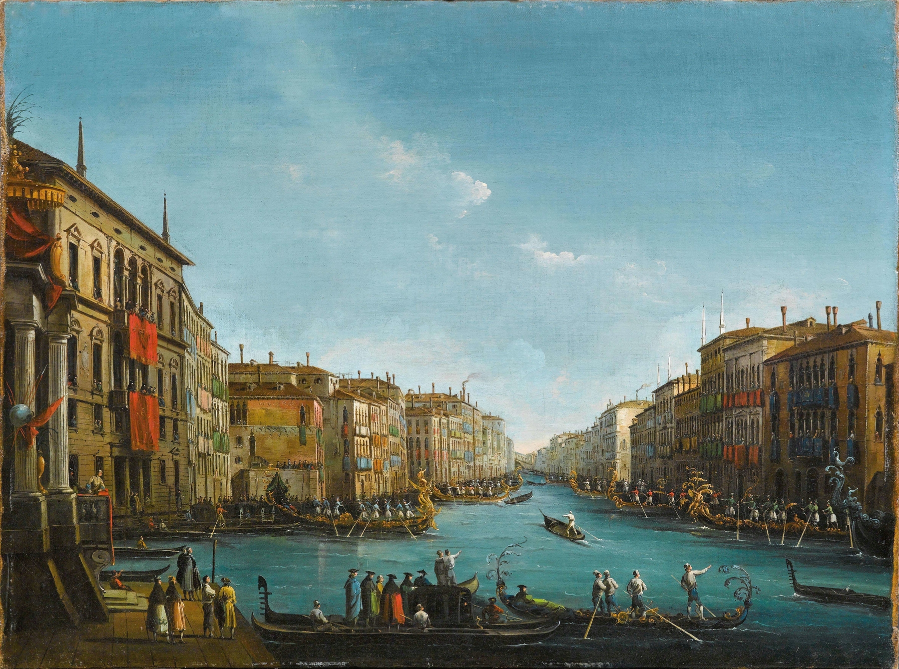 The Regatta on Grand Canal, Venice by Giuseppe Bernardino Bison, oil painting depicting boats on water.