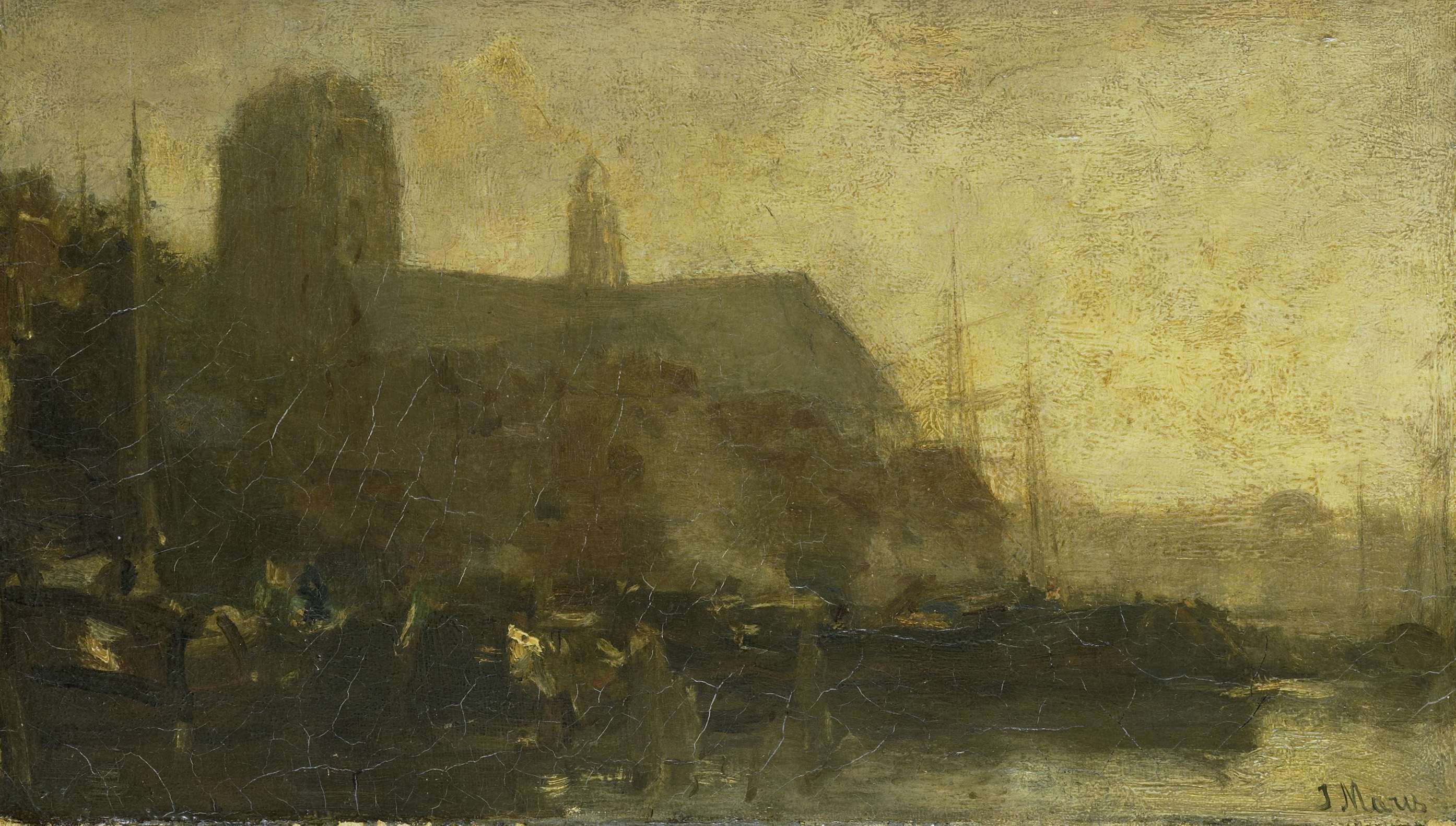 Marine scene with boats in the harbor, oil on canvas by Jacob Maris