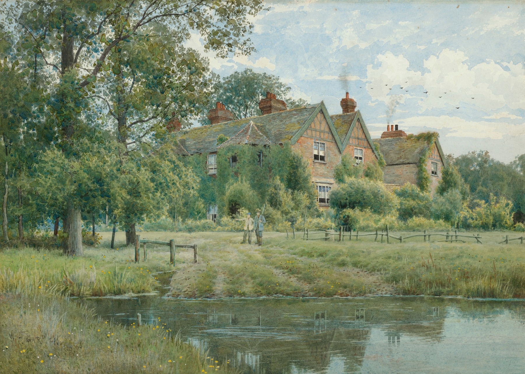 Landscape of old houses near Cambridge by William Fraser Garden, oil painting