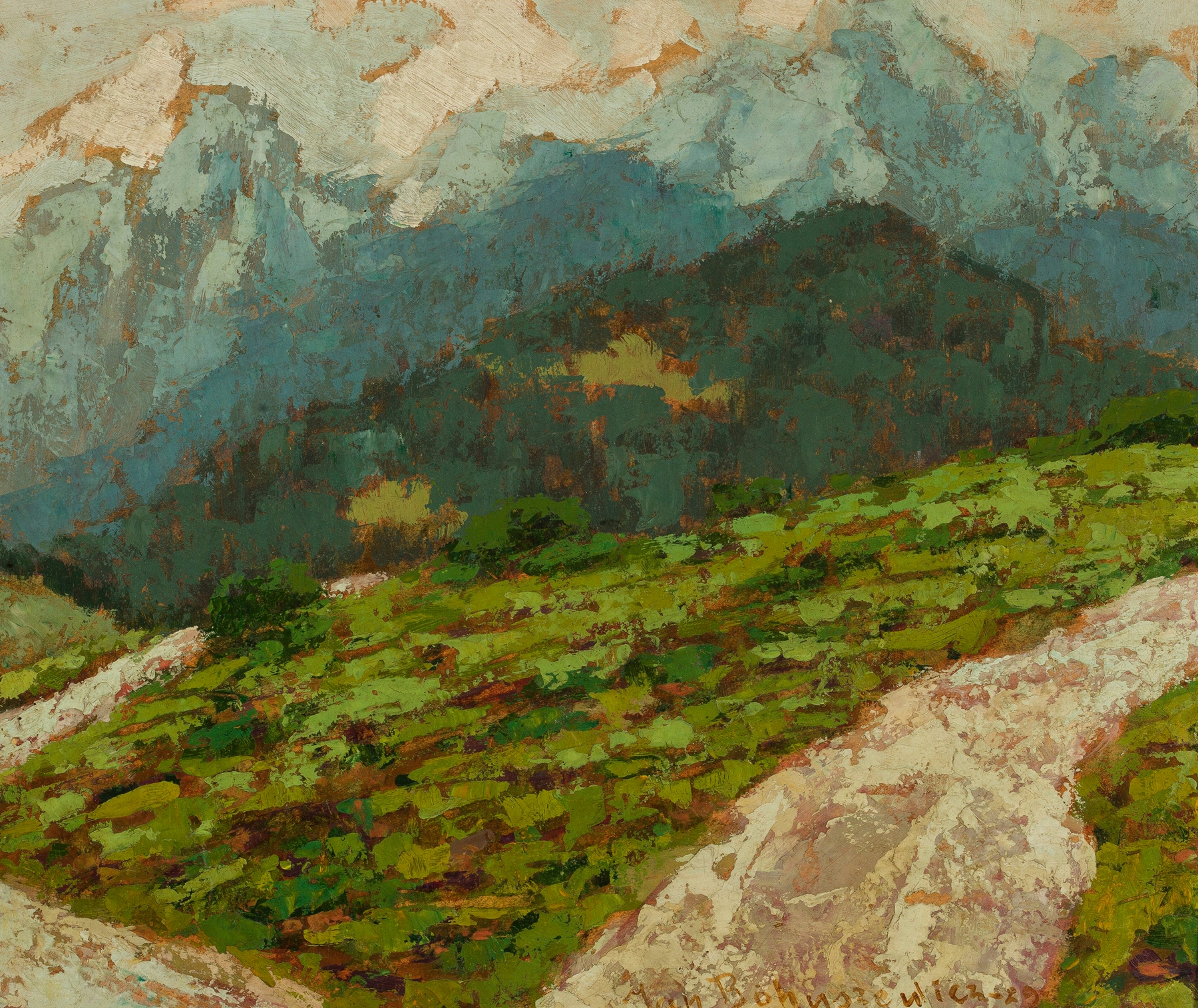 Foggy morning landscape with a solitary figure, oil painting by Jan Bohuszewicz