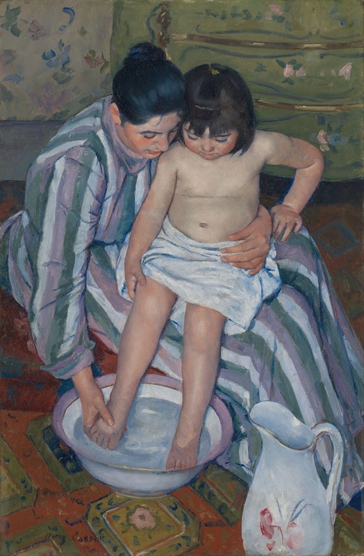 The Child's Bath by Mary Cassatt, oil on canvas, depicts a mother bathing her child.