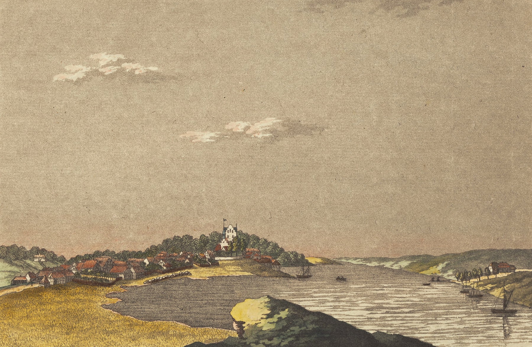 Middelfart by Christian Heinrich Grosch, oil on canvas depicting a tranquil landscape with clouds.