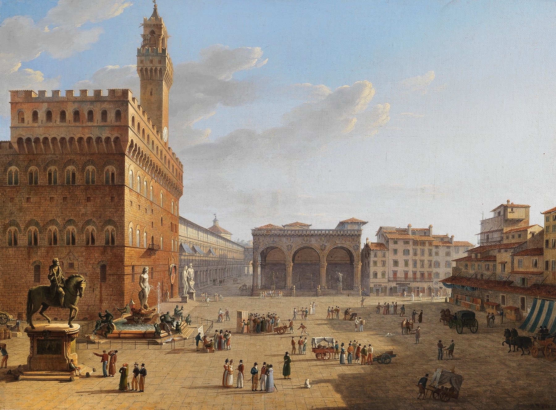 Piazza della Signoria, Florence by Roberto Roberti, oil painting depicting architecture and light.