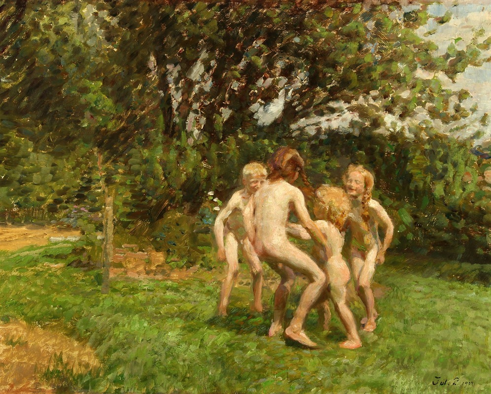 A lively depiction of a traditional Danish dance in a rural setting.