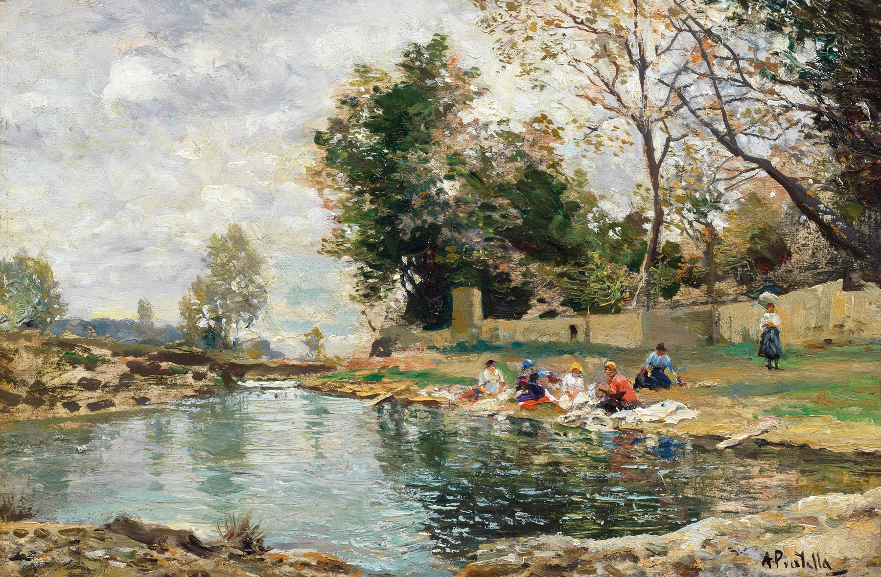 Washerwomen on the Banks of a River, oil painting by Attilio Pratella