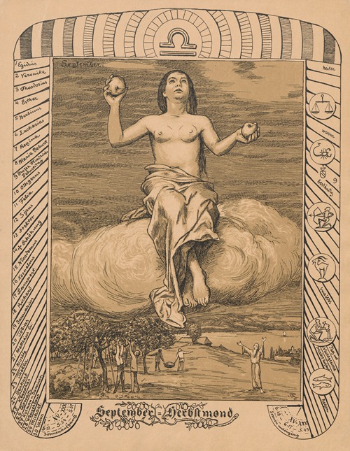 A woman stands in a lush landscape, surrounded by symbols representing September.