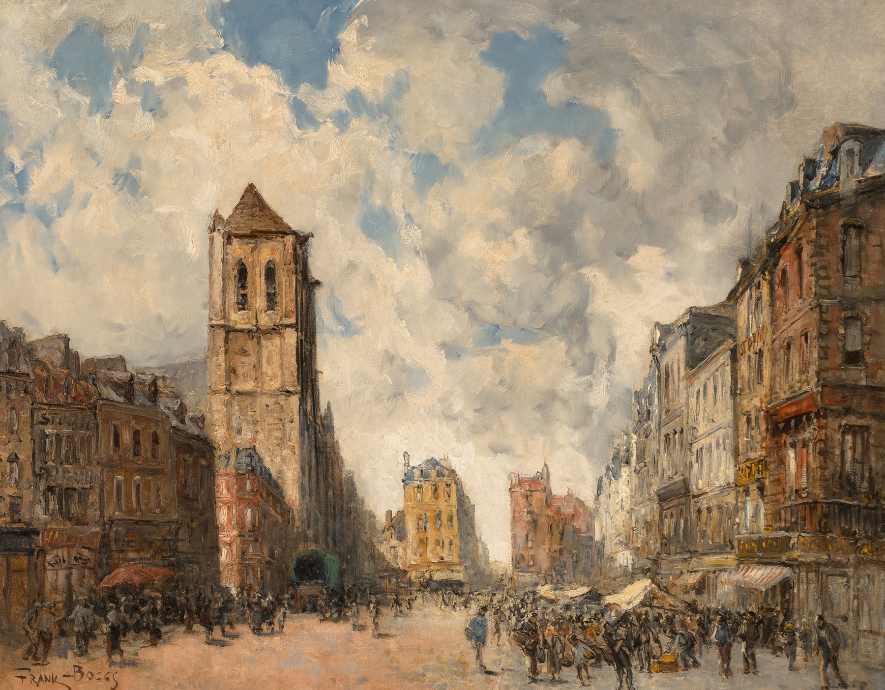 Market scene with figures and stalls, oil on canvas by Frank Myers Boggs