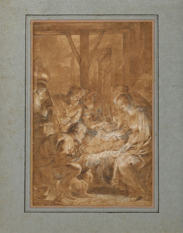 A depiction of the shepherds adoring the newborn Christ in a warm, intimate setting.