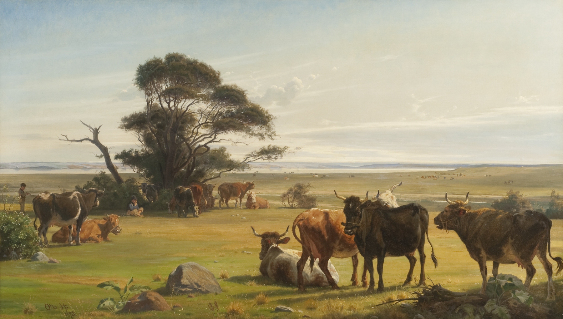 Cows in a meadow, oil painting by Otto Haslund, depicting grazing cows in a sunlit landscape.