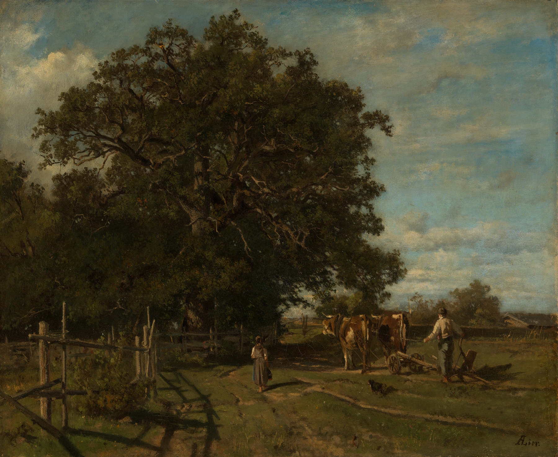 Landscape with oak tree and farmer plowing, by Adolf Heinrich Lier, oil painting