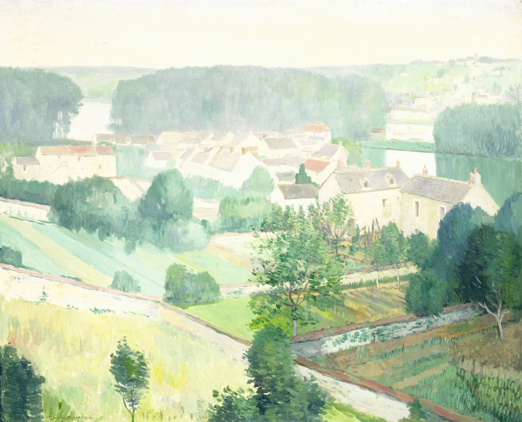 The Village of Sannois by Gerrit van Blaaderen, oil on canvas depicting a serene landscape at sunset.