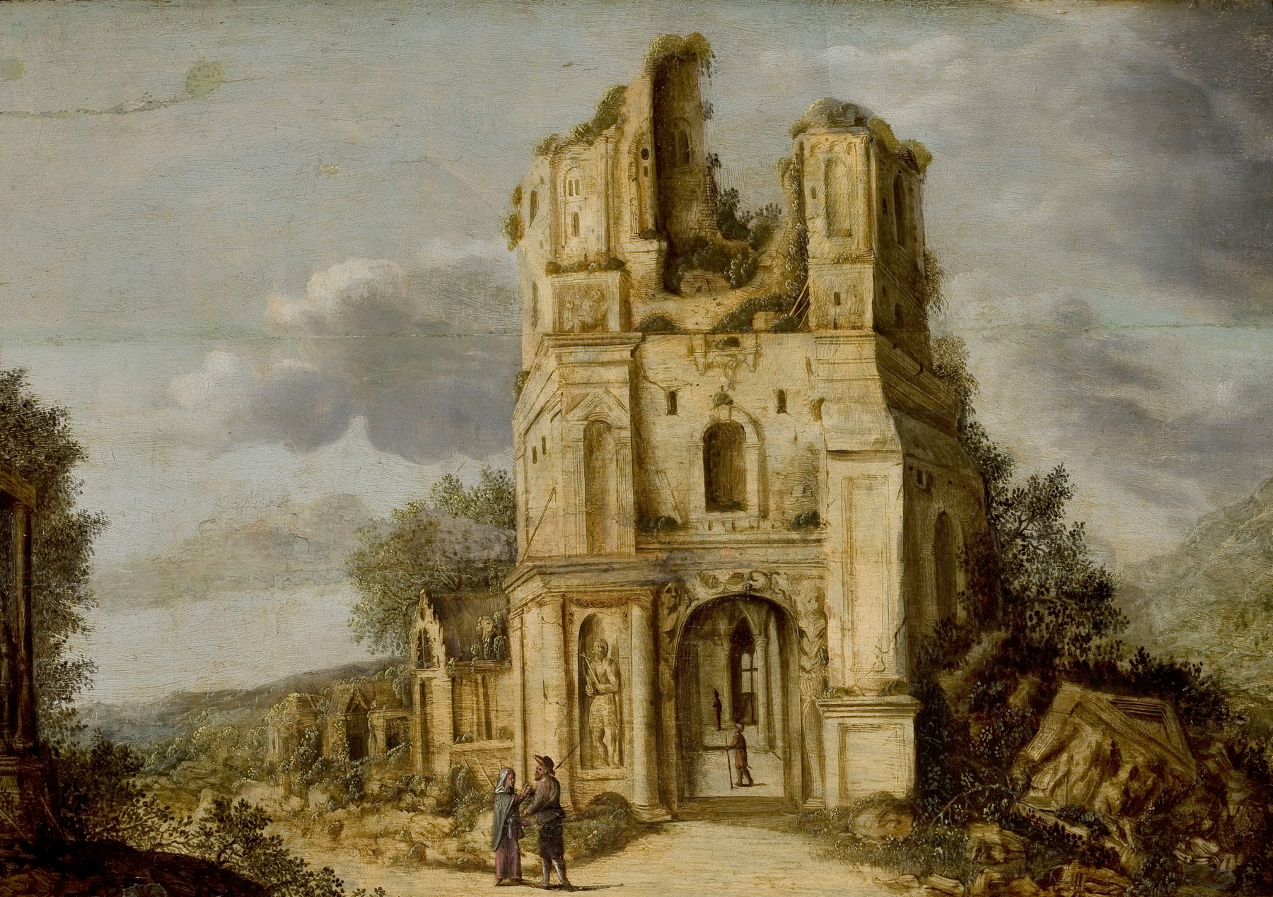 Church ruins in a Romantic style by Matthieu Dubus, depicting decayed architecture against a vast sky.