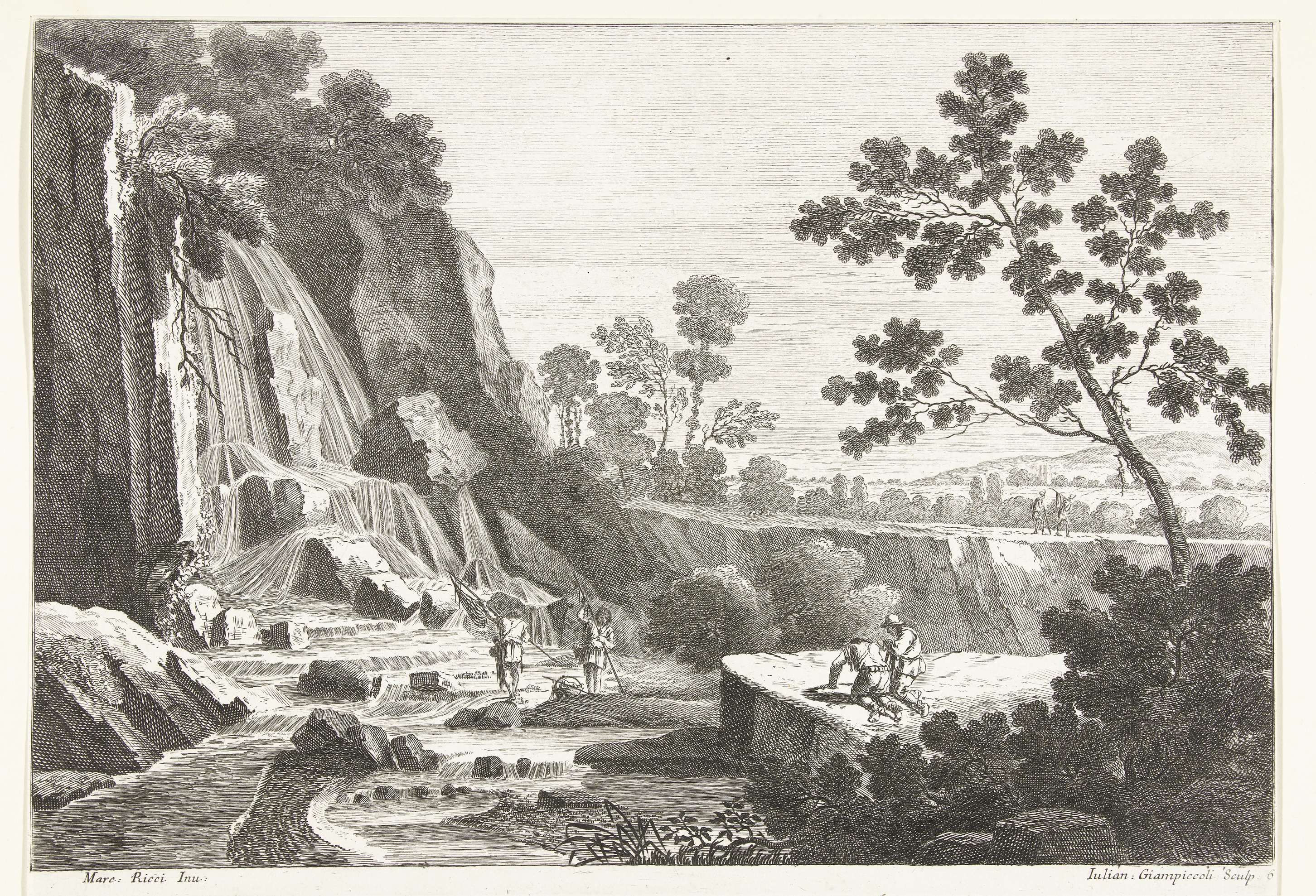 Landschap met waterval en vissers en andere figuren, etching by Giuliano Giampiccoli