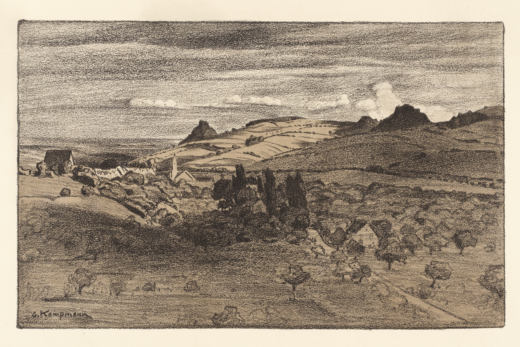 Oil painting by Gustav Kampmann depicting hills and sky in spring