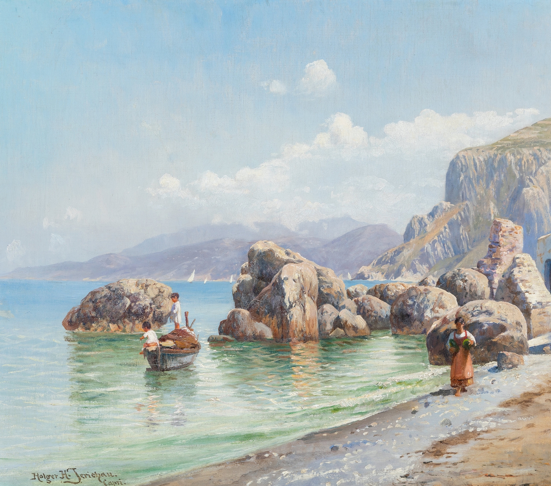 Oil painting by Holger Hvitfeldt Jerichau depicting a beach scene with a mother and child.