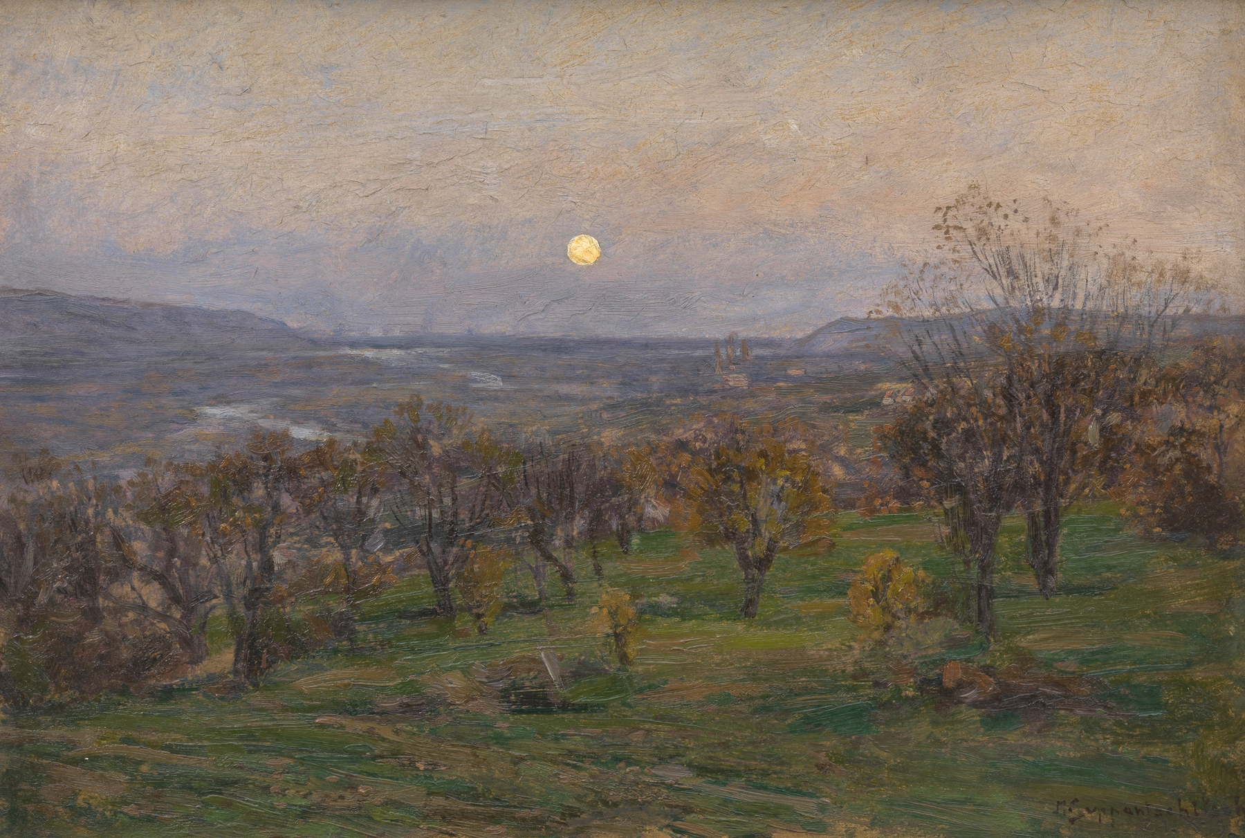 Landscape of the Danube river, oil on canvas by Maximilian Suppantschitsch